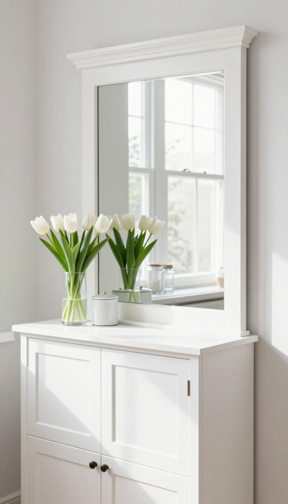 Small kitchen with mirrored hutch reflecting light and creating an illusion of space