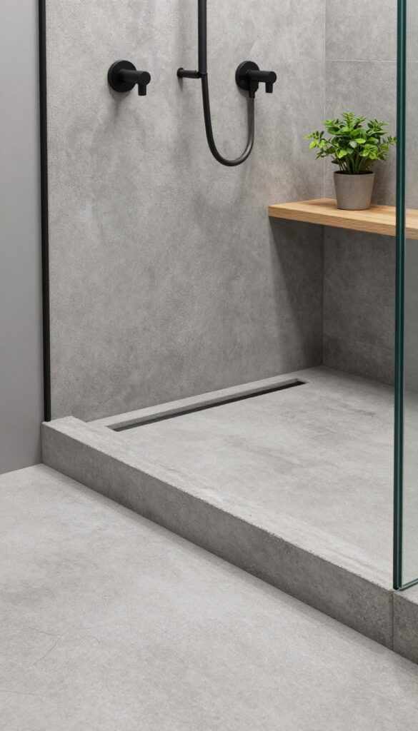 Textured concrete tiles on a shower curb for an industrial bathroom vibe, with matte black hardware and natural accents in bright light.