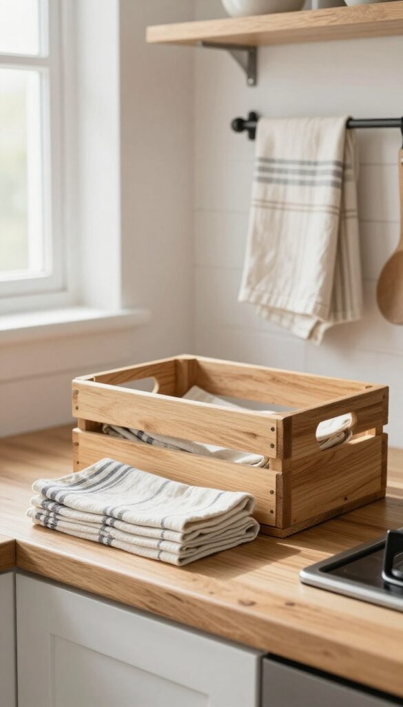 Farmhouse kitchen counter with cloth napkins in a wooden crate and tea towel on oven handle