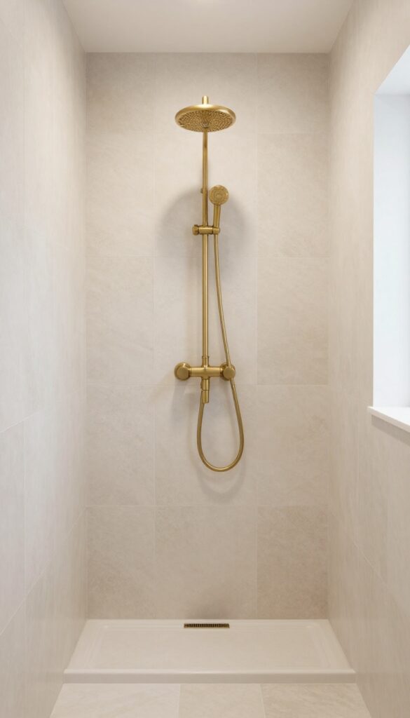 A standing shower with warm neutral tones including creamy white and sandy beige tiles, matte finishes, brushed brass fixtures, and natural light for a soft and inviting bathroom upgrade.