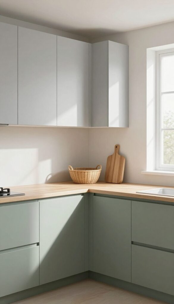 Light grey and sage green kitchen with warm wood accents