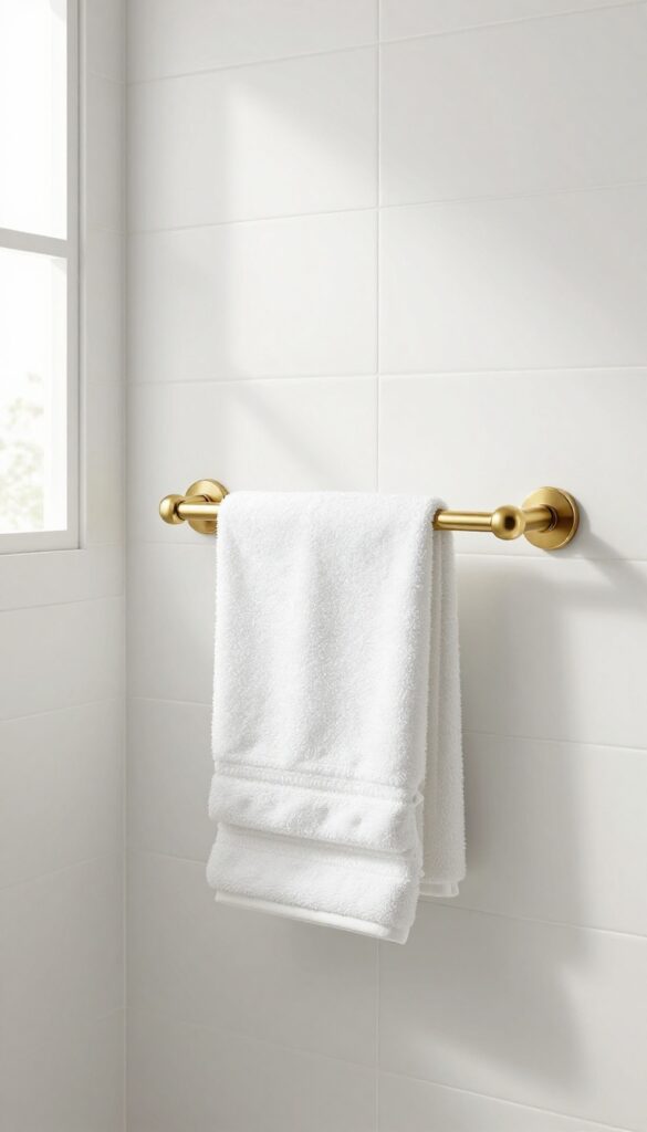 A white tile shower with brass metallic details, showcasing a polished and inviting bathroom design with natural lighting