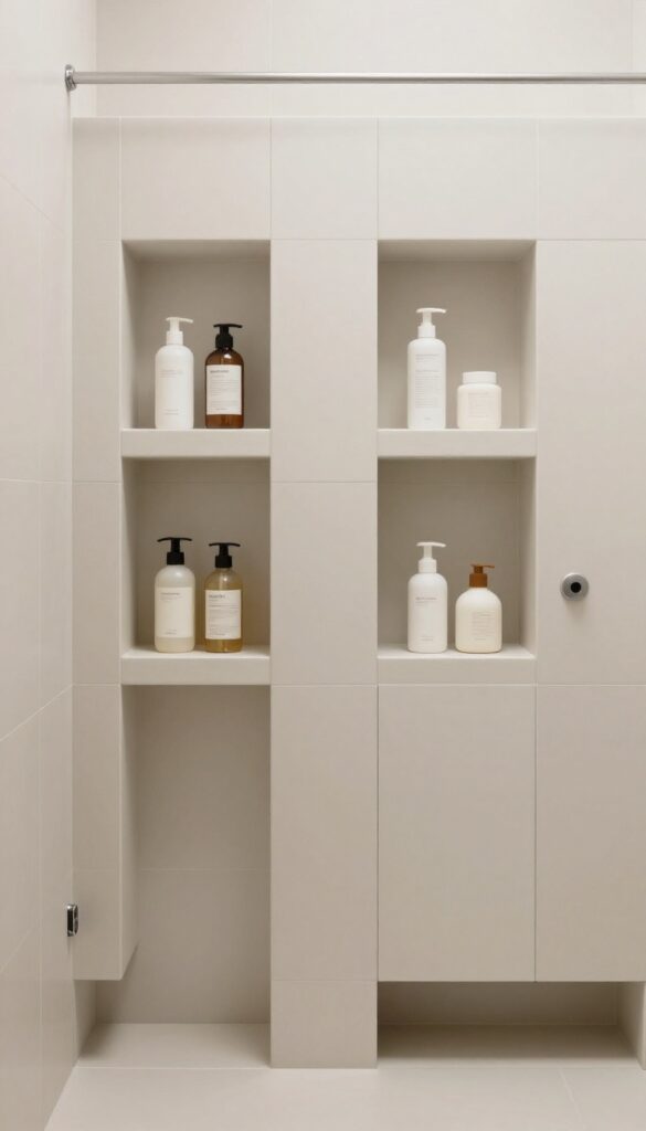 A built-in niche storage in a shower stall, featuring organized essentials within a recessed shelf that blends with tilework for a clutter-free and polished bathroom aesthetic.