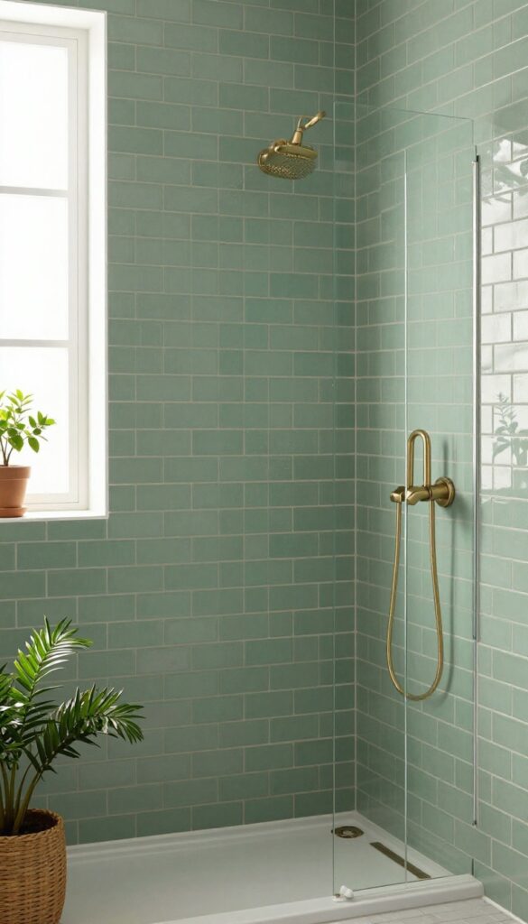 A modern bathroom shower with classic subway tiles in a herringbone pattern and sage green matte finish, showcasing a fresh and stylish update to timeless design.
