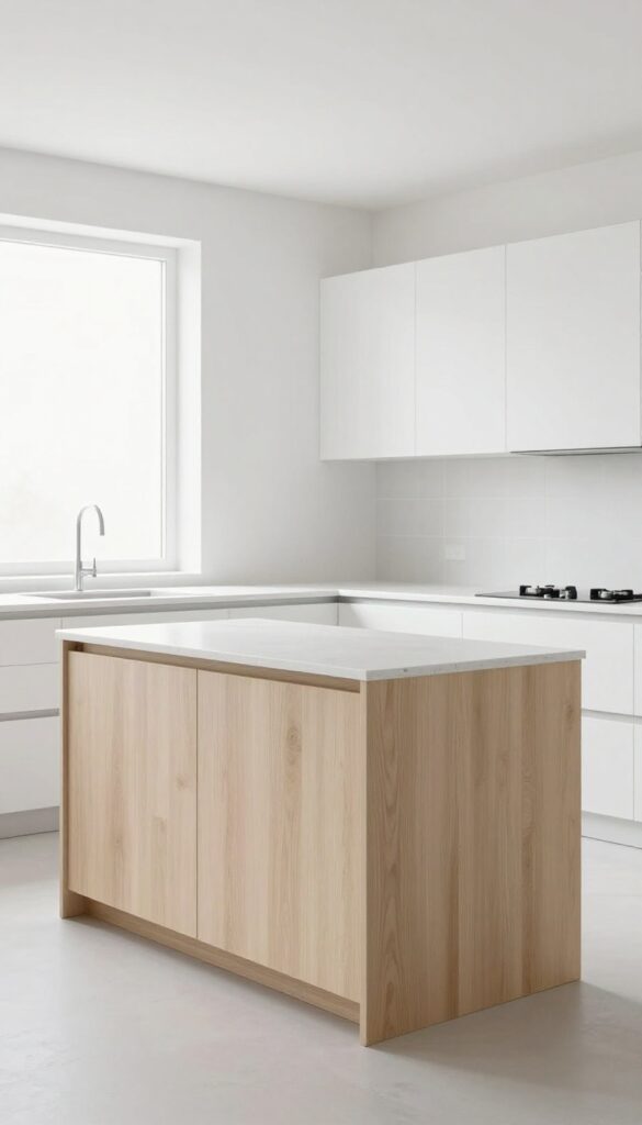 Convertible kitchen island with hidden stool compartment, closed position, sleek minimalist design, bright natural light, photorealistic interior photography.