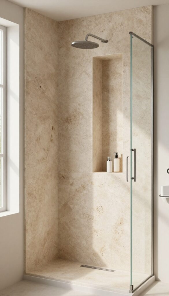 A close-up view of stone-lined shower niches in a modern bathroom, illustrating built-in storage as a subtle design feature with natural light and clean composition.