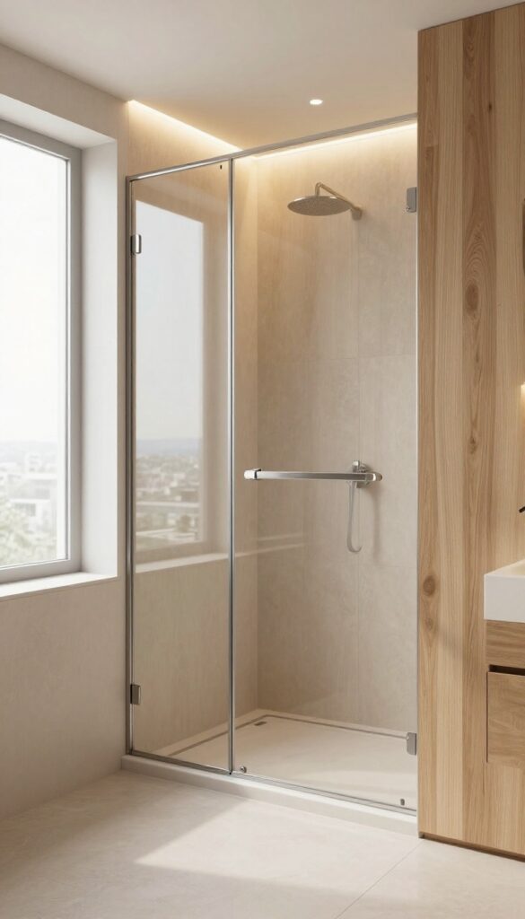 A modern bathroom shower enclosure with soft LED strip lighting glowing along its edges and behind frosted glass, enhancing the space with ambient light in a clean, minimalist setting.