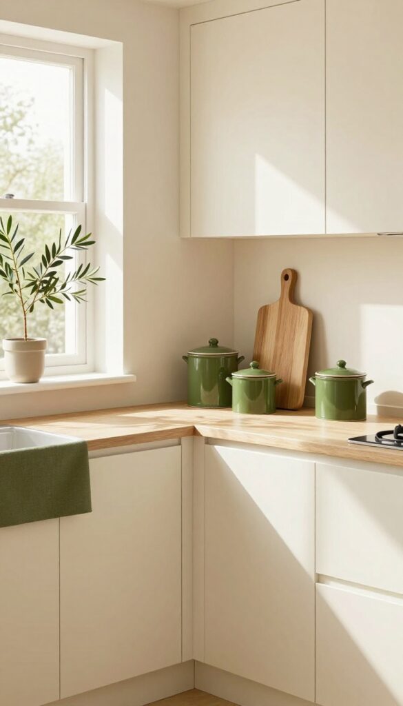 Small kitchen with cream walls and olive green accents including canisters, runner, and plant