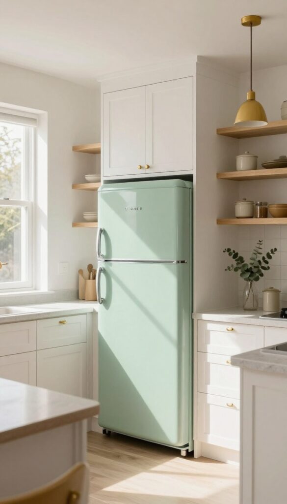 A kitchen featuring a sage green retro refrigerator as the focal point, with white cabinets, light wood shelves, brass hardware, and natural light.