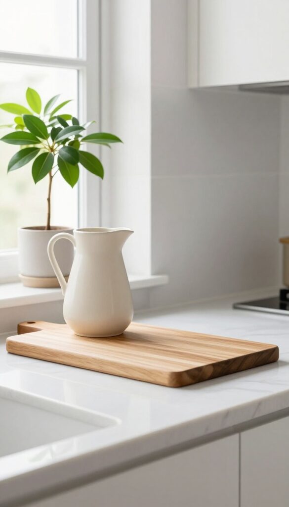 Minimalist kitchen counter with wooden cutting board, ceramic pitcher, and potted plant in natural light