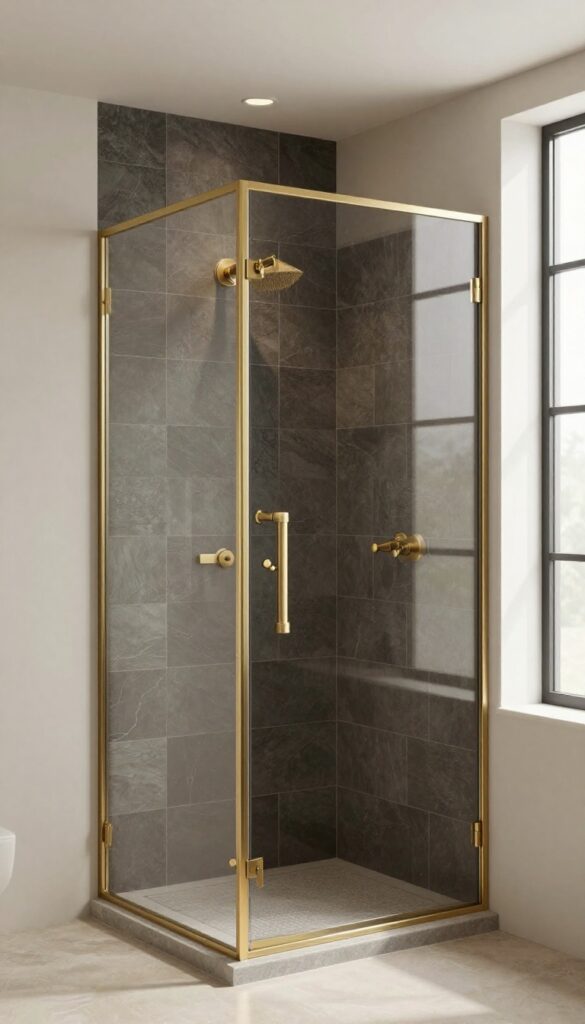 A polished bathroom curbless shower featuring dramatic dark charcoal tiles against light walls, with natural lighting and brass accents for a sophisticated, modern look.