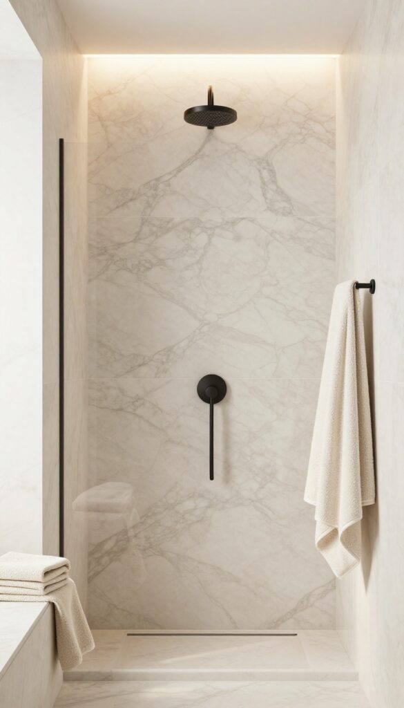 A single shower stall with natural stone surfaces like marble or slate tiles in a polished bathroom setting