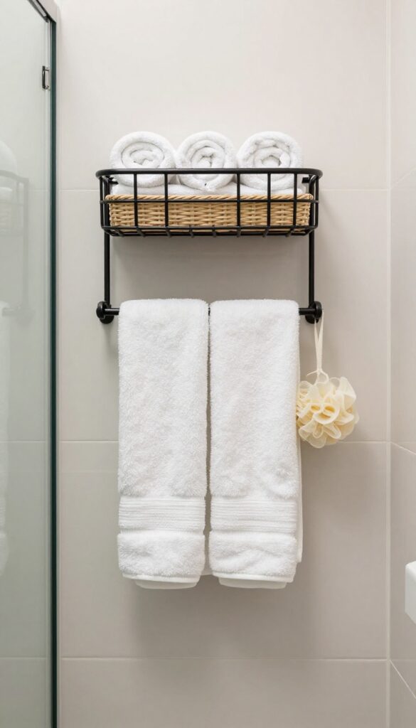 Over-the-door organizer rack on shower door holding towels and toiletries