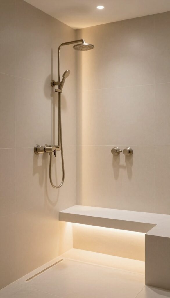 A modern single shower stall with LED lighting strips glowing along niche and bench edges, enhancing ambiance and functionality in a polished bathroom.