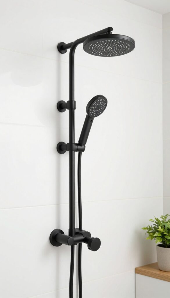 Close-up of matte black shower hardware in a small bathroom with white tiles and natural light, showcasing bold modern contrast for home decor inspiration.