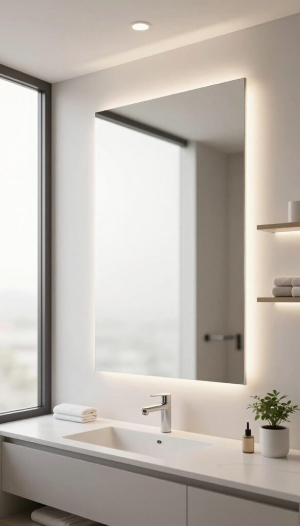 A modern bathroom featuring an integrated LED mirror and recessed ceiling lights for balanced, shadow-free illumination in a clean, stylish setting.