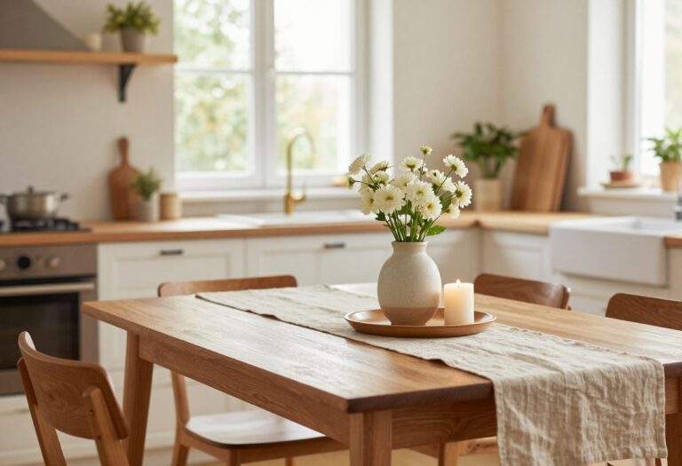 Cozy kitchen table with a wooden tray centerpiece featuring white flowers and a candle