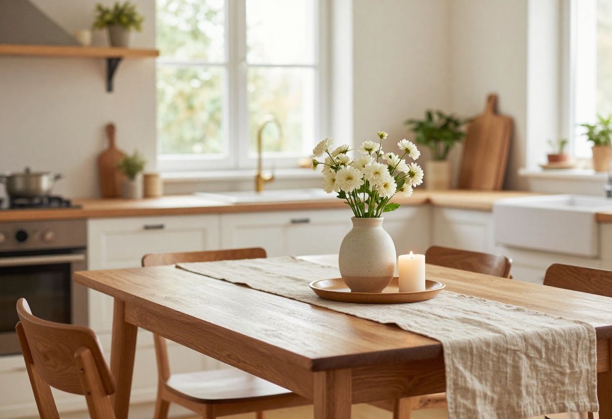 Cozy kitchen table with a wooden tray centerpiece featuring white flowers and a candle