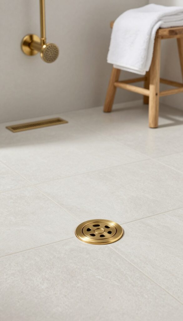 Brushed brass drain cover on gray stone shower floor with brass showerhead and wooden stool