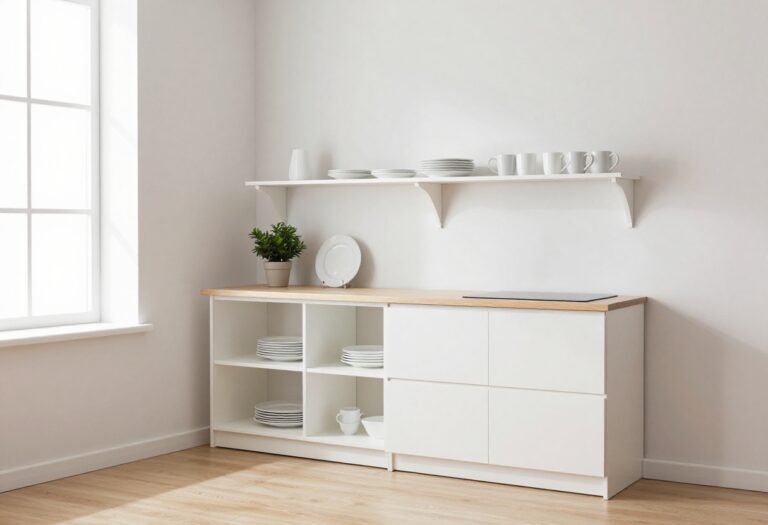 A slim white open-shelf kitchen hutch mounted on the wall above a countertop with neatly arranged dishes and a small plant.