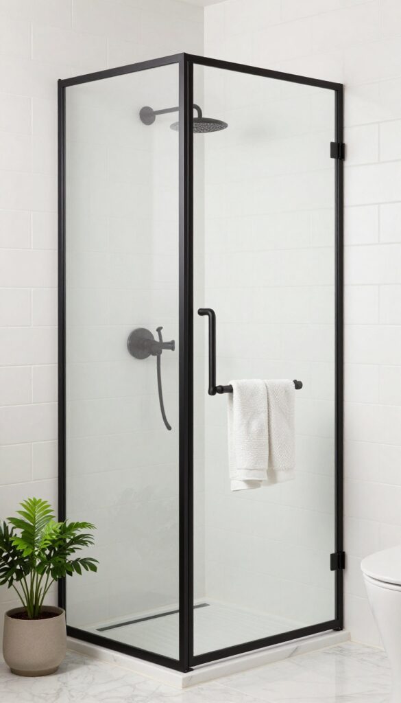 A small bathroom featuring a black-framed glass shower door with light tiles and matte black hardware, styled with plants and towels for a modern look.