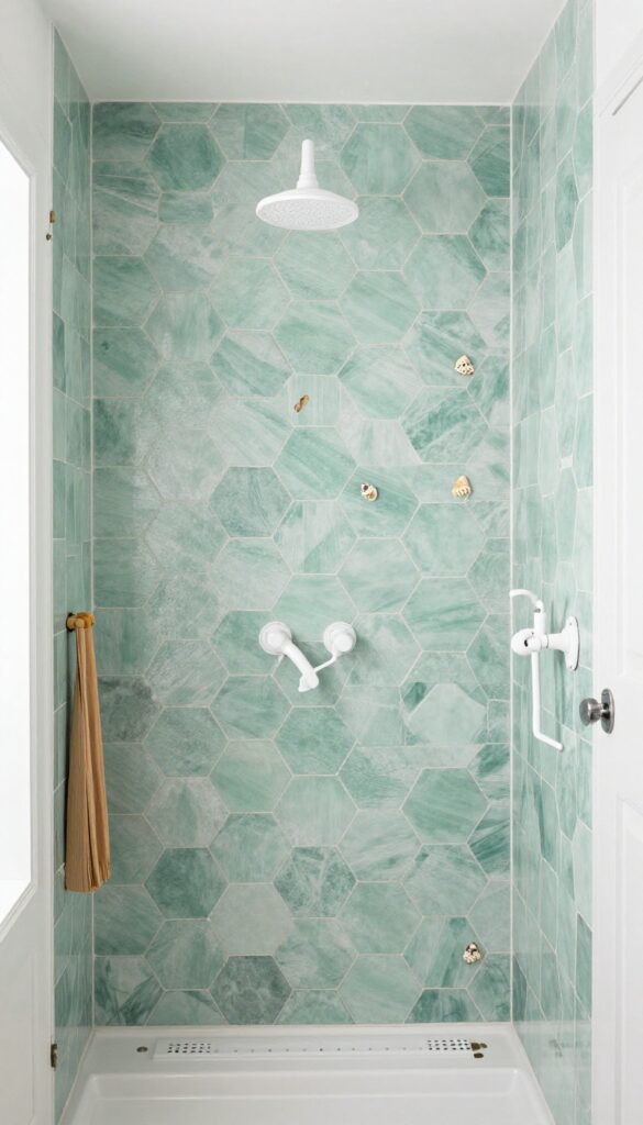 A coastal bathroom shower featuring hexagonal tiles in navy and seafoam green on an accent wall, with white fixtures, natural wood accents, soft lighting, and seashell decor.