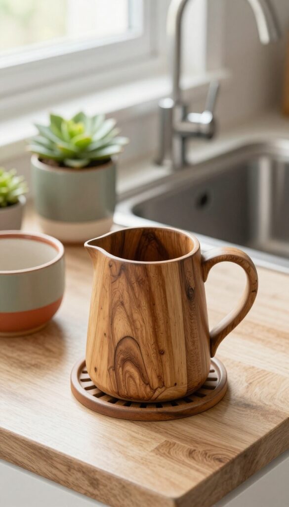 Rustic wooden mug tree with ceramic base and earthy mugs on kitchen counter