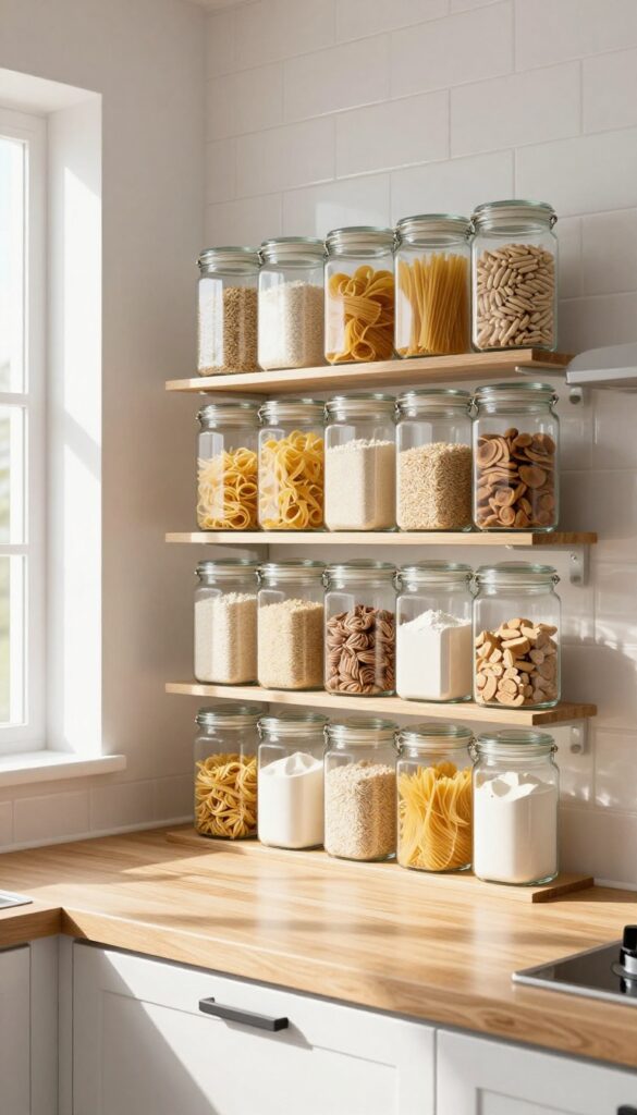 Clear canisters for dry goods on open shelves in a small kitchen