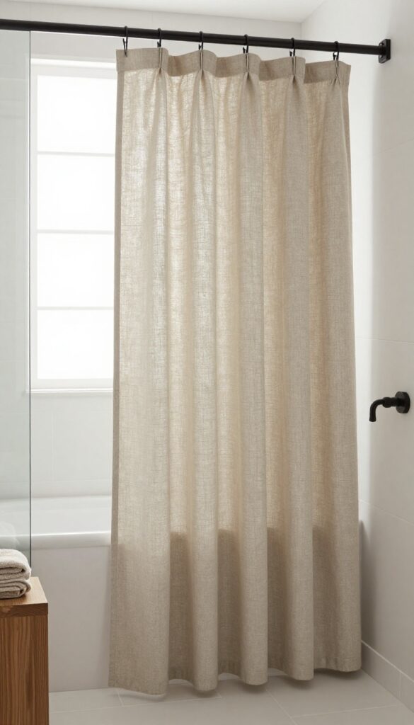 A tall linen-textured shower curtain in oatmeal color hanging in a bright bathroom with natural light and simple decor for a relaxed spa feel.