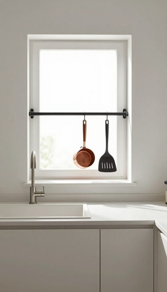 Small kitchen with hanging pot rack mounted above window, holding copper pots and utensils