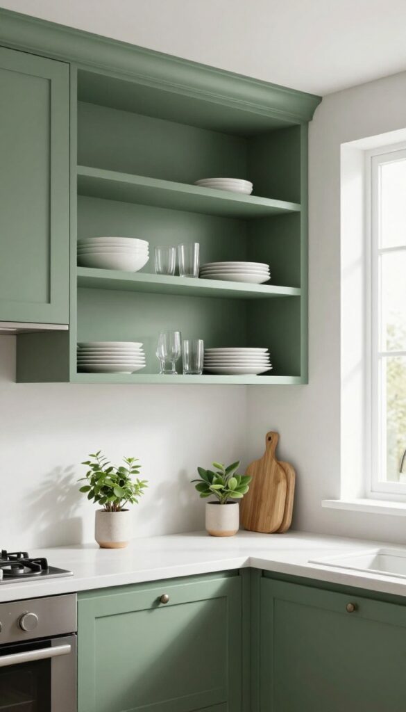 Modern kitchen with glass-front cabinets converted to open shelving, featuring sage green interior and neatly displayed dishware.