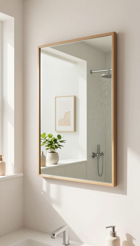 A large framed mirror in a bright bathroom with a rainfall shower, reflecting natural light and decor to create an illusion of expanded space.
