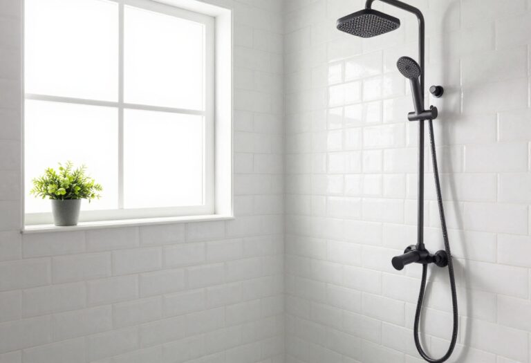 Modern bathroom shower with white herringbone subway tiles, matte black fixtures, natural light, and a green plant, showcasing a cozy and elegant decor idea.