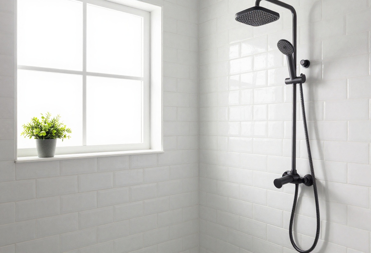 Modern bathroom shower with white herringbone subway tiles, matte black fixtures, natural light, and a green plant, showcasing a cozy and elegant decor idea.