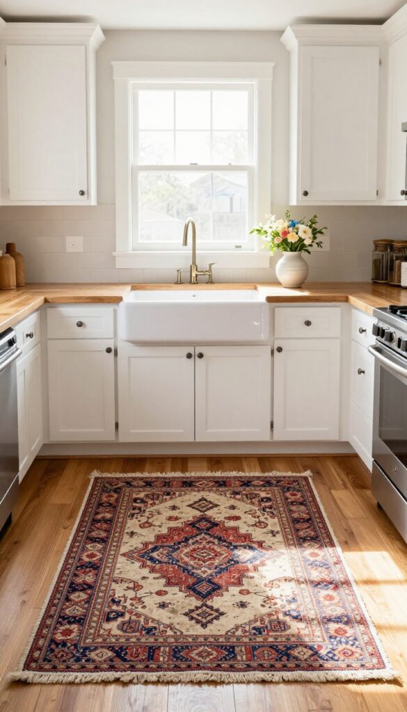 A cozy kitchen with a vintage Turkish rug placed in front of a farmhouse sink, adding warmth and pattern to the space.