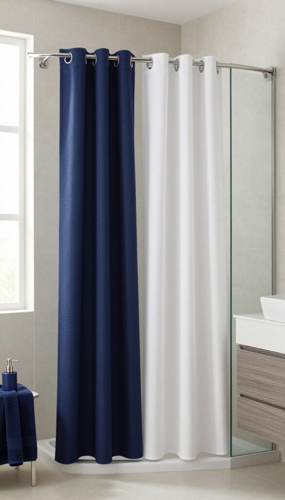 A two-tone shower curtain in a modern bathroom with contrasting colors and natural light, showcasing minimalist home decor inspiration.
