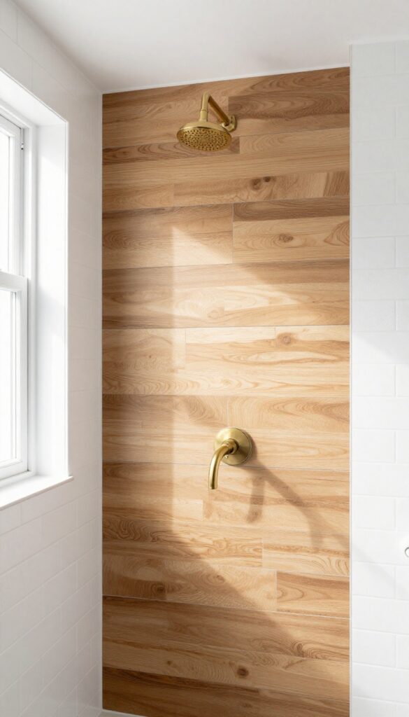 A modern bathroom shower featuring wood-look tile on the back wall and white tile on side walls, bathed in bright natural light for a balanced, warm yet bright design.