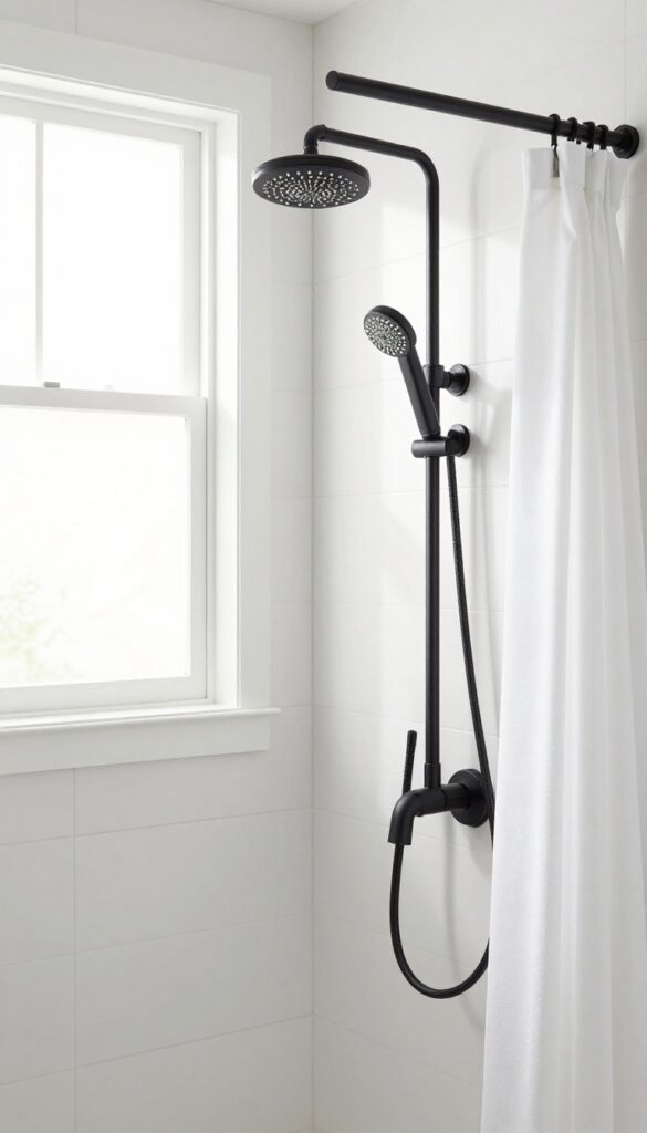 Bathroom shower area with consistent matte black hardware finish on showerhead, faucet, and curtain rod in bright natural light.