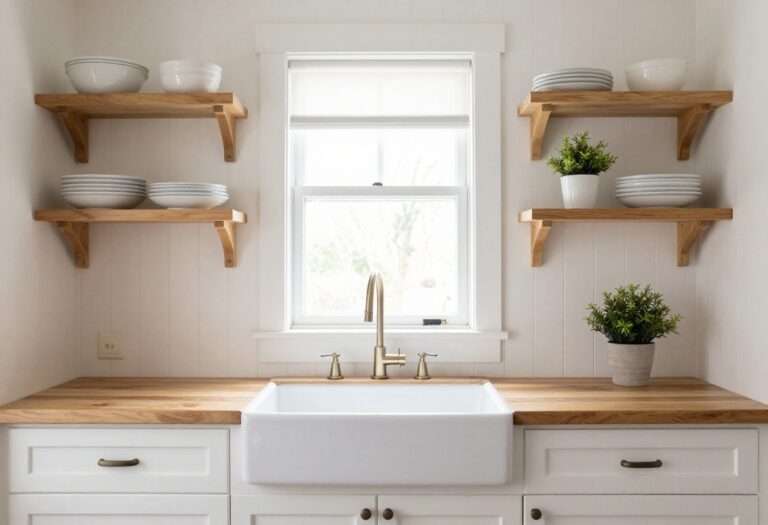Bright kitchen with white bead board backsplash, farmhouse sink, butcher block countertop, and open shelving