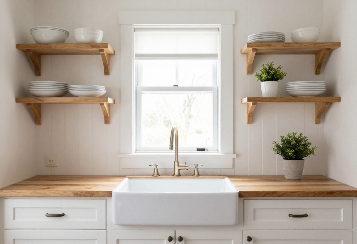 Bright kitchen with white bead board backsplash, farmhouse sink, butcher block countertop, and open shelving