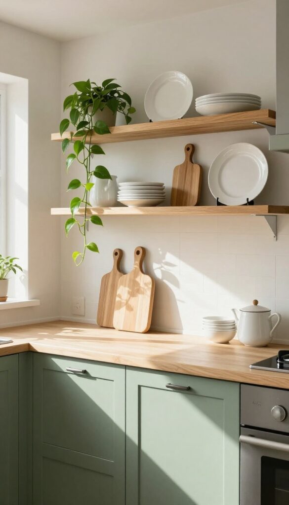 Sage green lower cabinets paired with open wood shelving in a bright kitchen