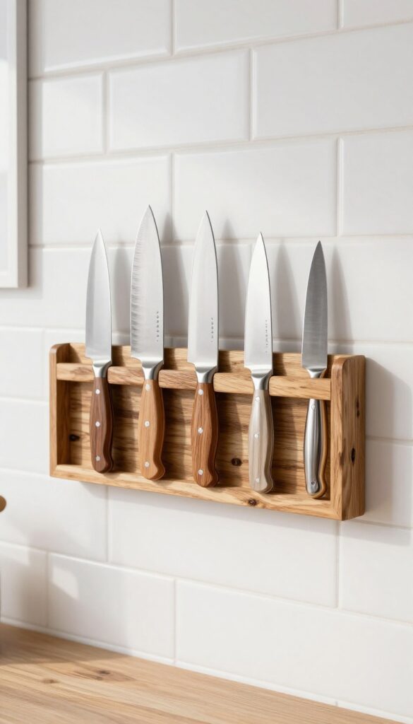 Magnetic knife strip mounted on a reclaimed wood plank against a white subway tile backsplash in a bright kitchen