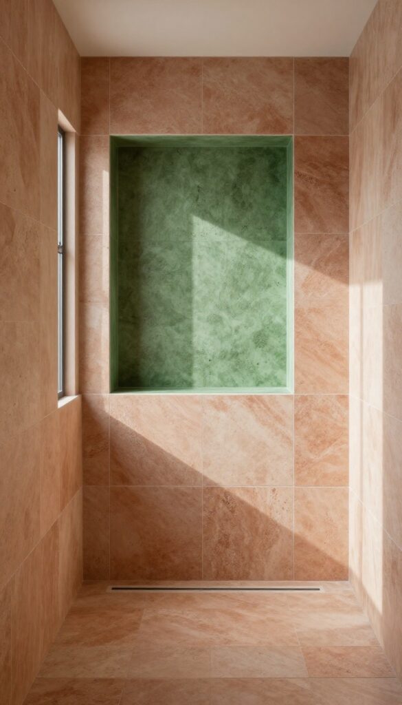 Walk-in shower with terracotta and sandstone tiles, mossy green niche, natural light