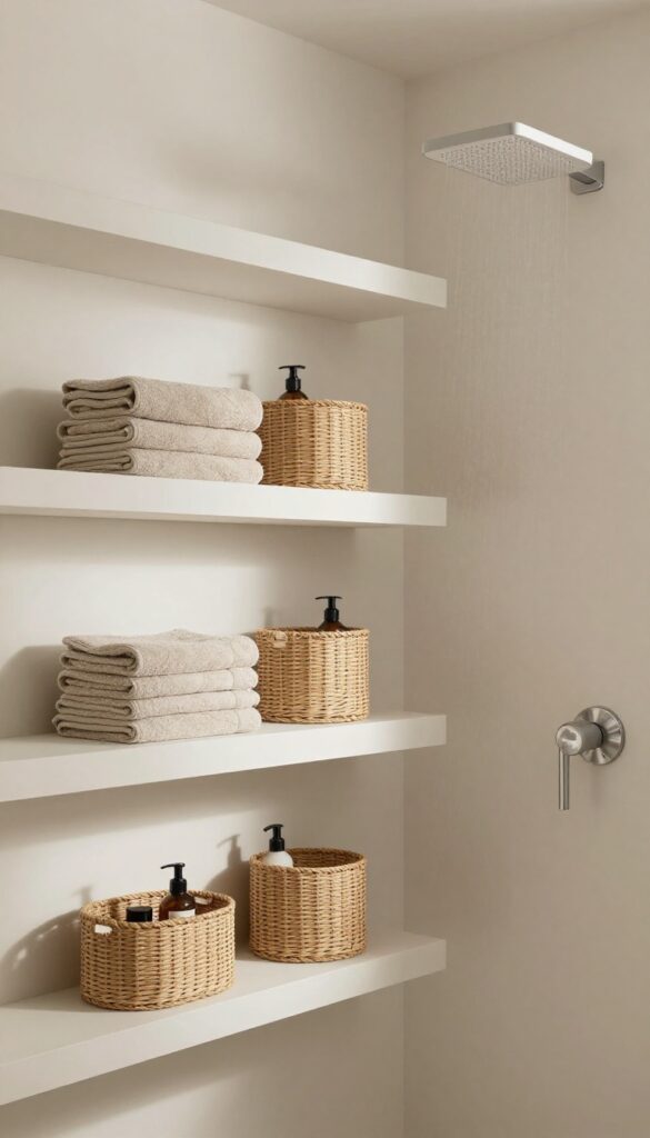Minimalist bathroom with floating shelves and woven baskets for organized storage in a bright, clean space with a rainfall shower