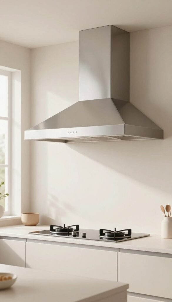 Modern beige kitchen with sleek stainless steel range hood