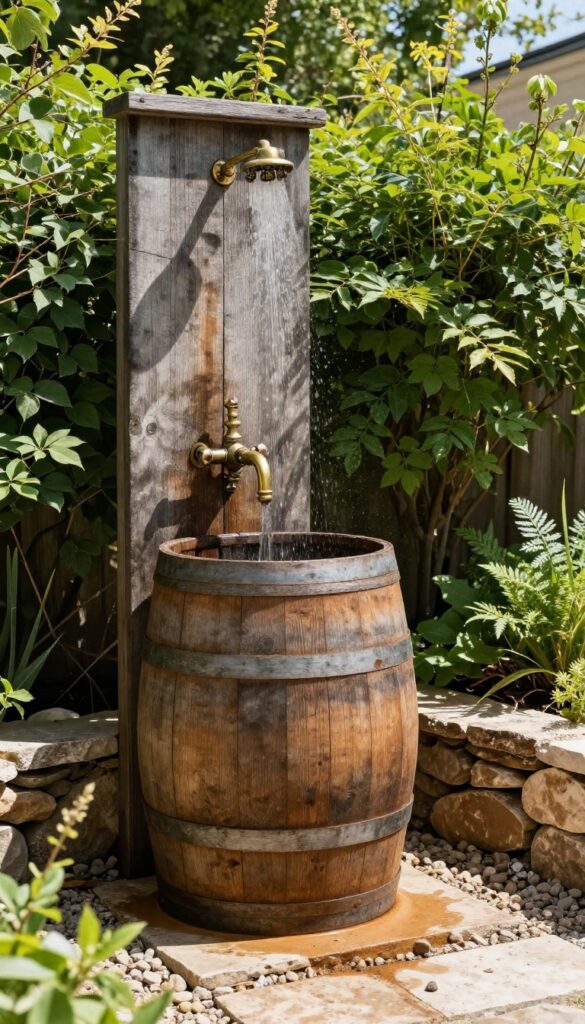 Repurposed wooden barrel outdoor shower with vintage fixtures in a rustic garden setting