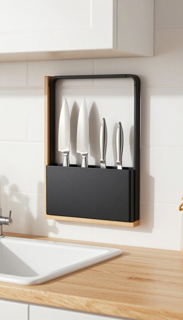 Magnetic knife strip mounted on window frame in small kitchen with natural light