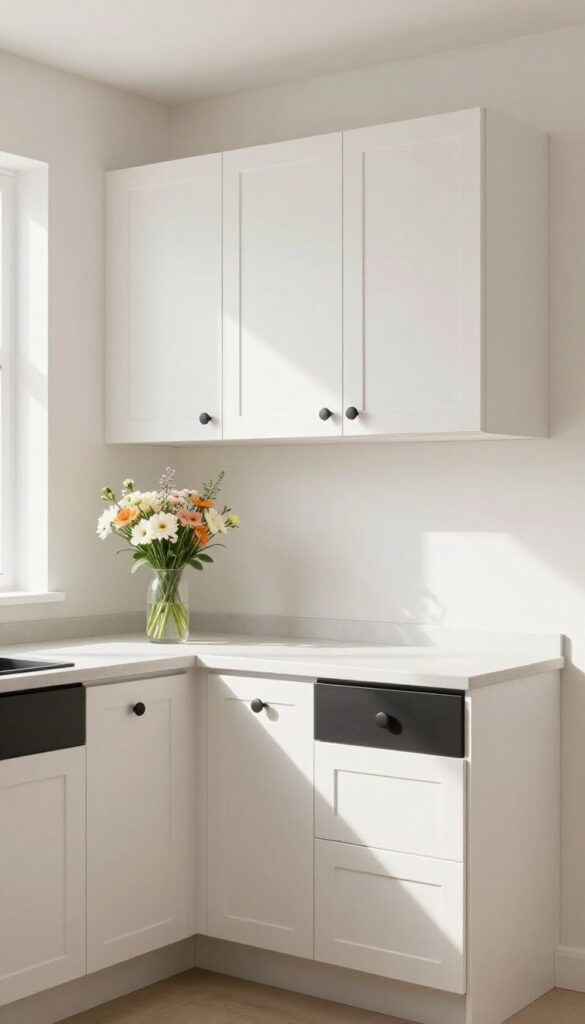 Small kitchen with white flat-front cabinets featuring matte black bar pulls and knobs, natural light, clean countertops.