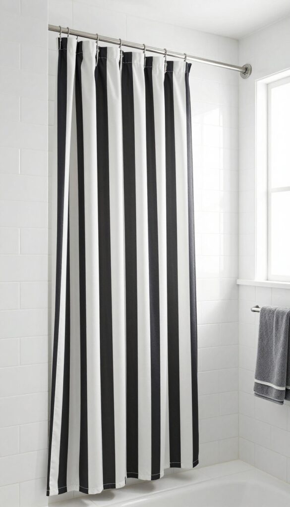 A tall black and white striped shower curtain in a bright, clean bathroom, illustrating how vertical stripes make the space feel taller and more organized.