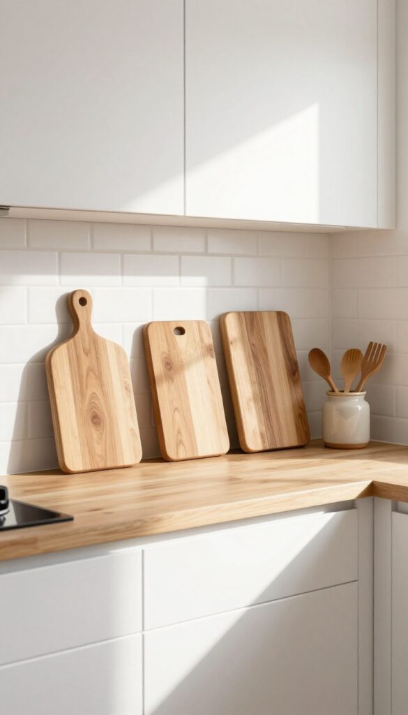 Wooden cutting boards leaned against backsplash in farmhouse kitchen